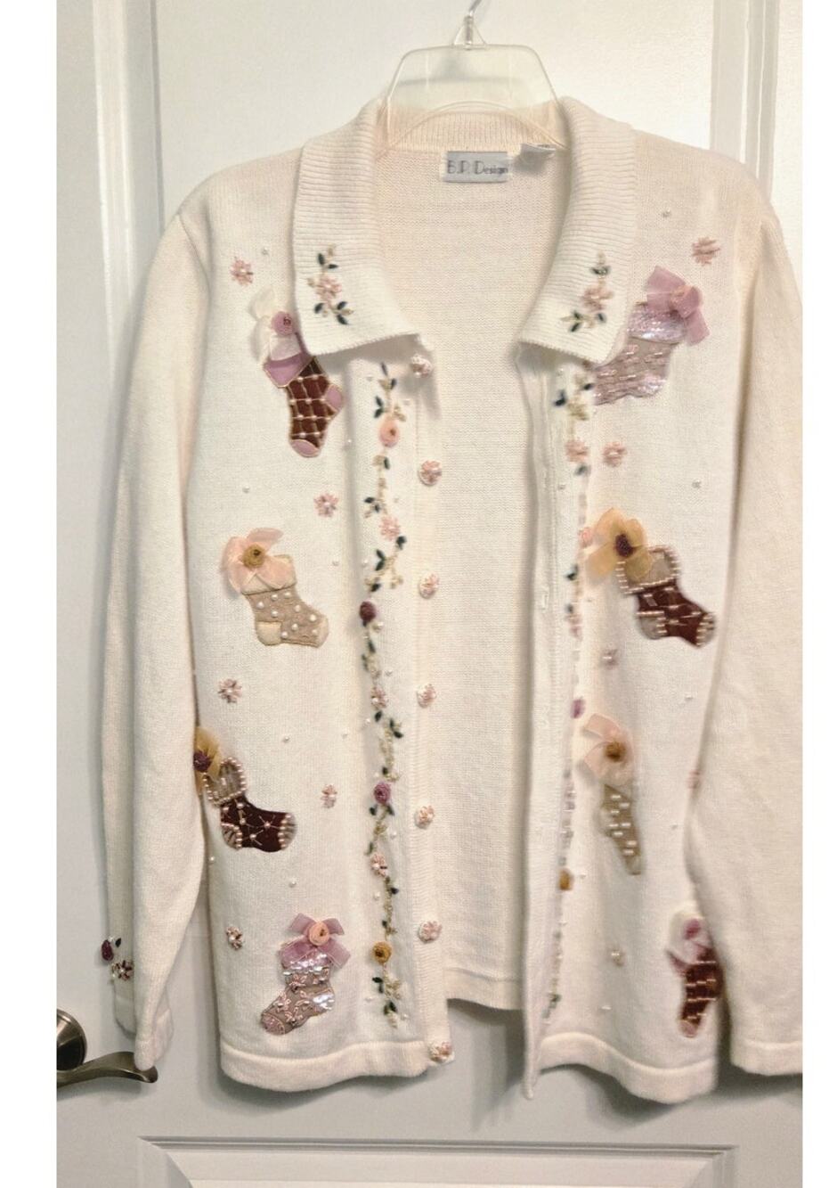 Vintage Christmas Holiday Womens Knit Cardigan Beaded Ivory Large